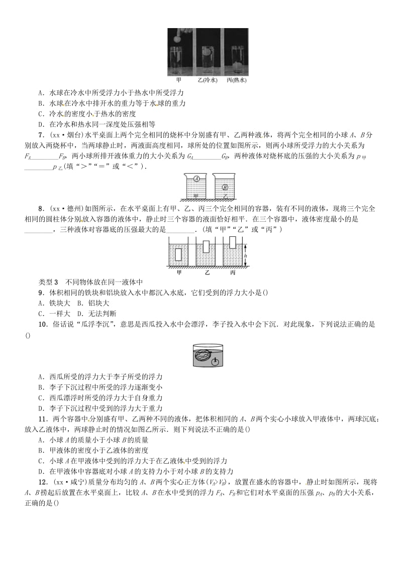 2019年中考物理总复习 小专题（三）浮力、压强的定性分析习题.doc_第2页