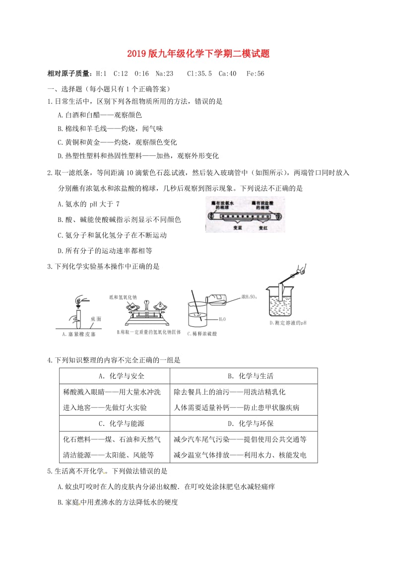 2019版九年级化学下学期二模试题.doc_第1页