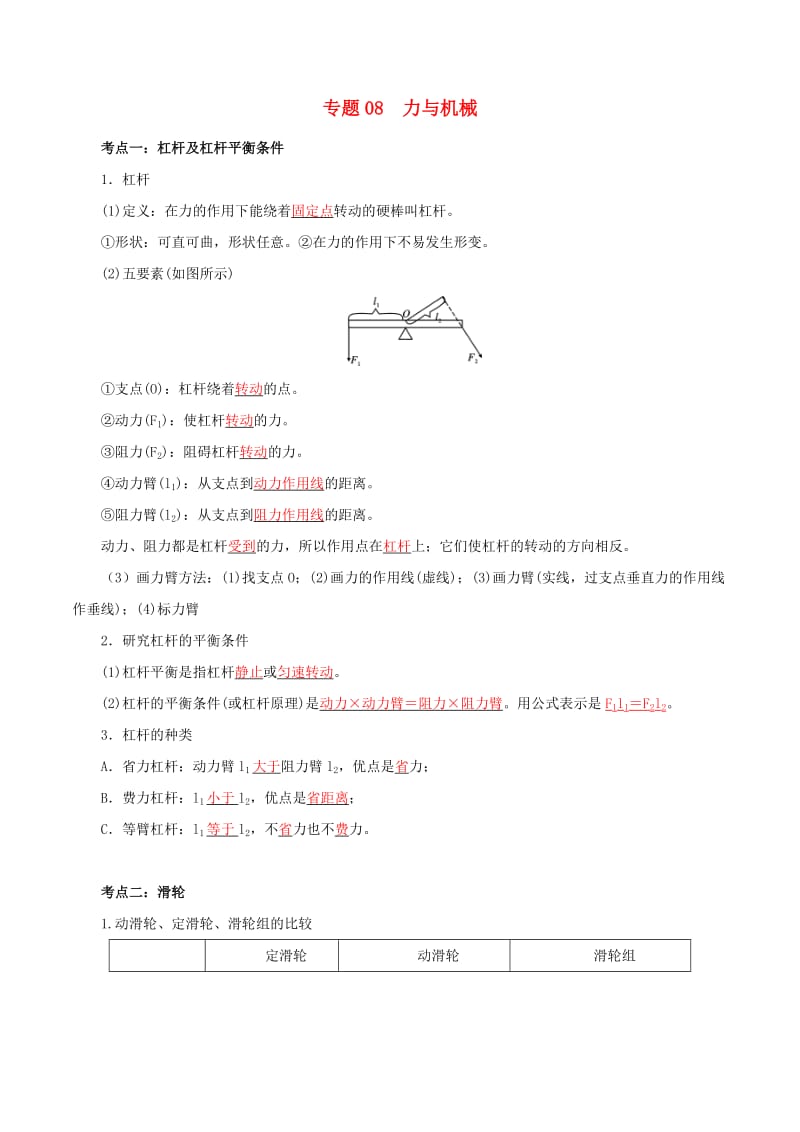 备考2019年中考物理知识点复习专练知识点精讲专题08力与机械含解析.doc_第1页