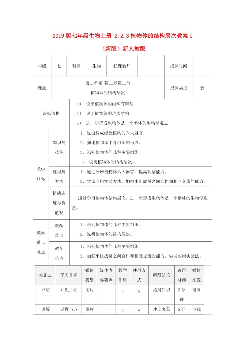 2019版七年级生物上册 2.2.3植物体的结构层次教案1 （新版）新人教版.doc_第1页