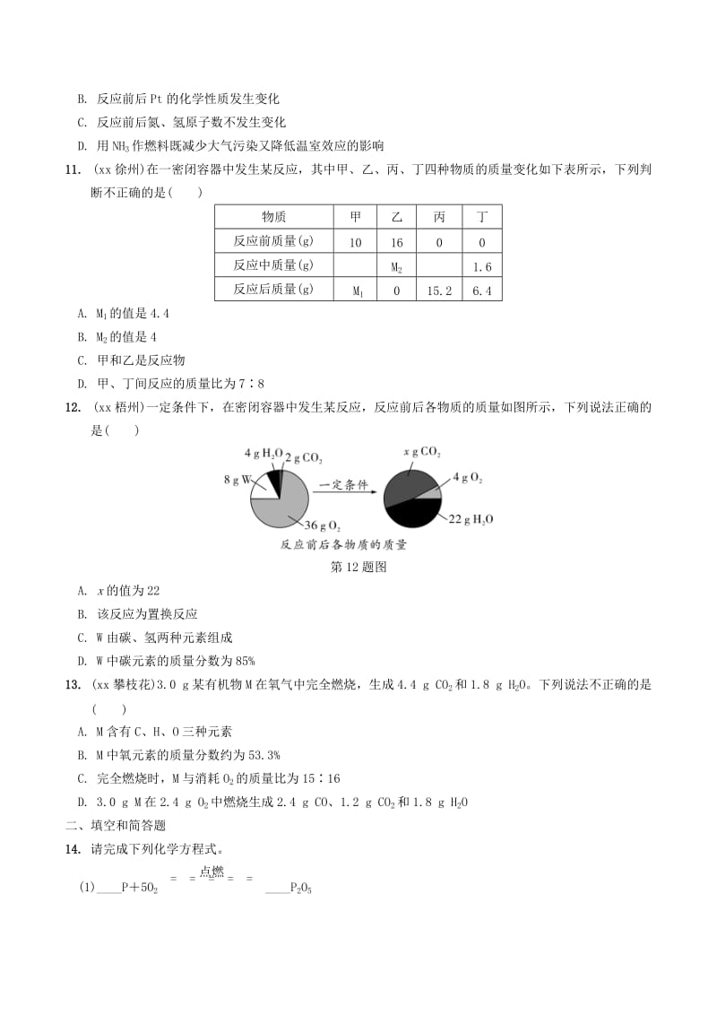 安徽省2019年中考化学总复习 第一部分 夯实基础过教材 第五单元 化学方程式练习.doc_第3页