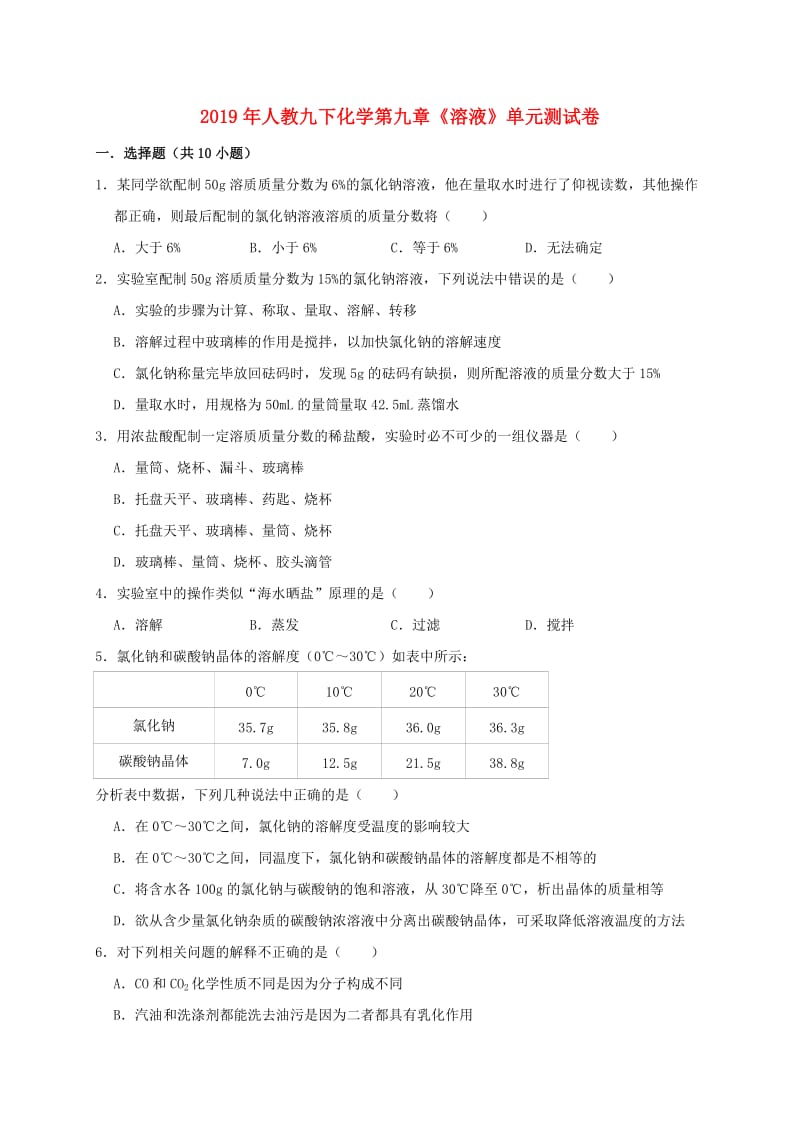 2019年九年级化学下册 第九单元《溶液》测试卷1（含解析）（新版）新人教版.doc_第1页