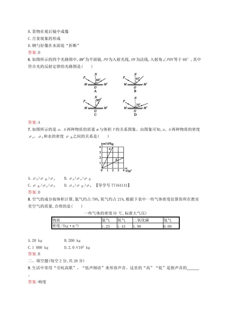 （课标通用）甘肃省2019年中考物理总复习 阶段检测（一）声、光、质量和密度试题.doc_第2页