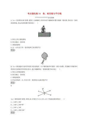 中考數(shù)學(xué)總復(fù)習(xí) 第一篇 知識 方法 固基 第四單元 圖形初步與三角形 考點強化練14 角、相交線與平行線試題.doc