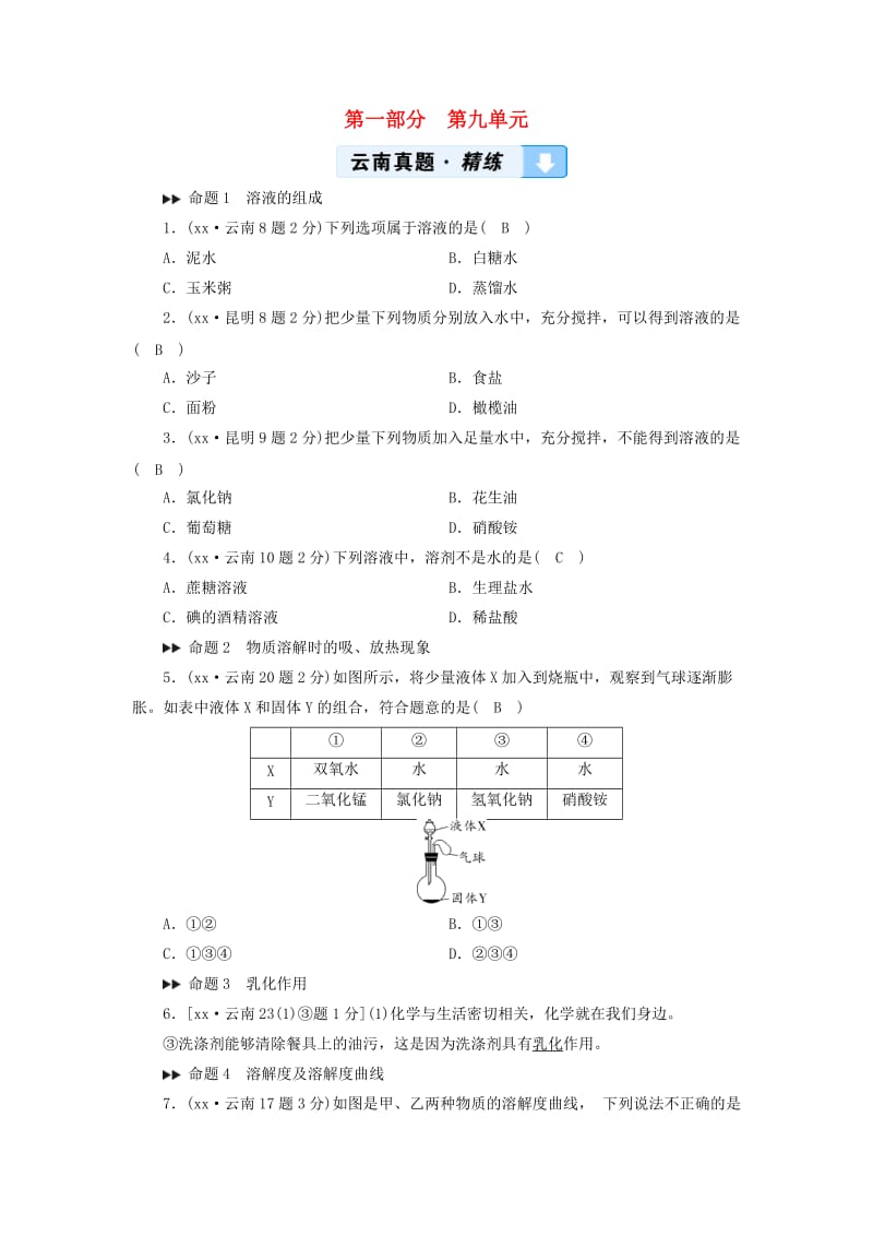 云南专用版2019版中考化学第1部分教材同步复习第9单元溶液真题精练.doc_第1页