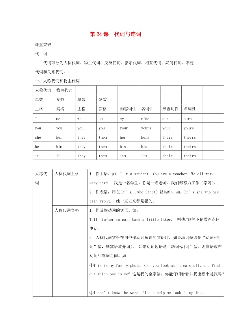 2019届中考英语二轮复习 知识讲与练 第24课 代词与连词试题.doc_第1页