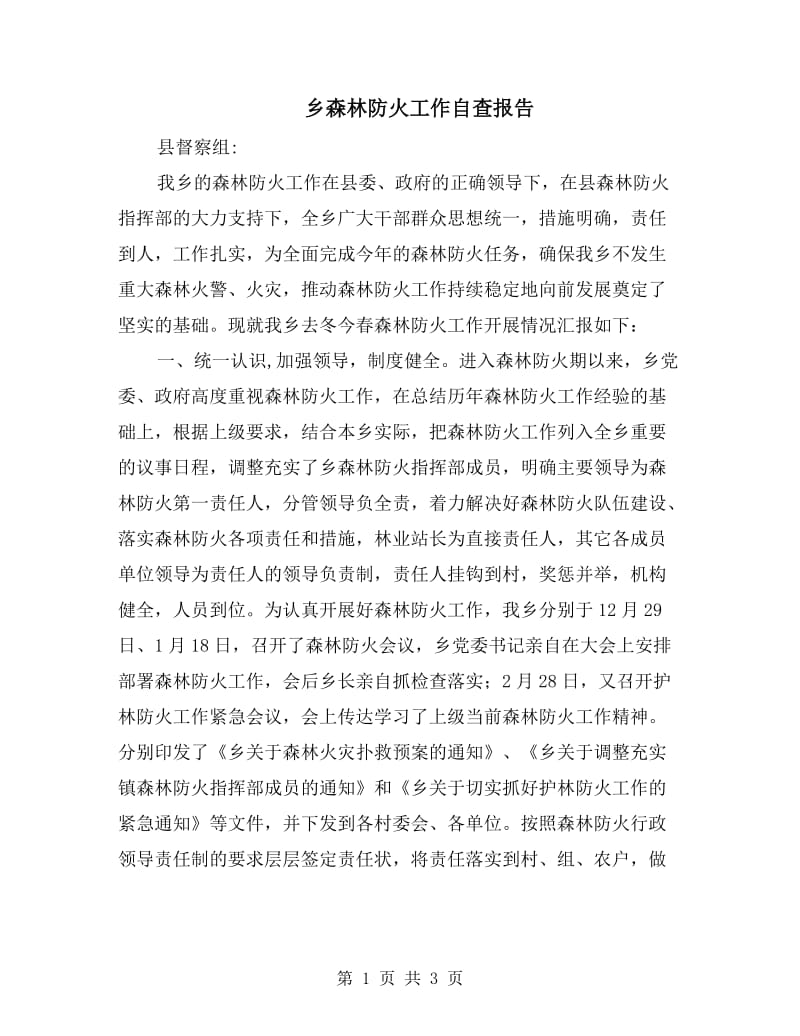 乡森林防火工作自查报告.doc_第1页