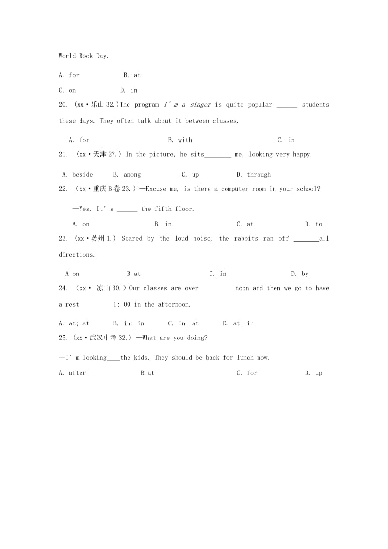 2019年中考英语复习分类汇编 小题狂做 专题六 介词.doc_第3页