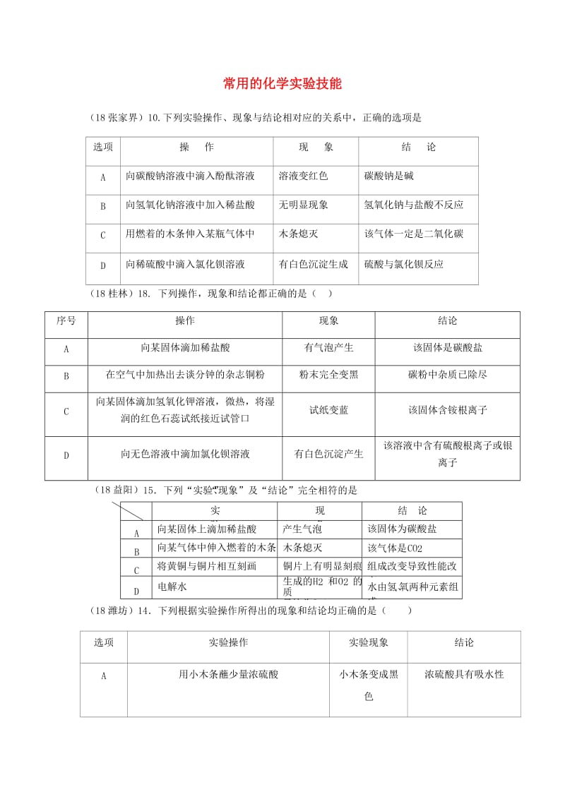 中考化学真题分类汇编 3 化学实验与探究 考点16 常用的化学实验技能 3实验方案 1操作、现象和结论.doc_第1页