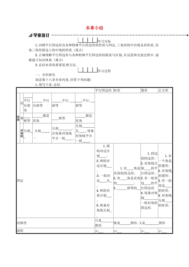 2019春八年级数学下册 18 平行四边形本章小结学案 （新版）新人教版.doc_第1页