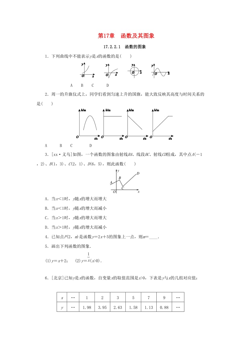 八年级数学下册 第17章 函数及其图象 17.2 函数的图象 2 函数的图象 第1课时 函数的图象课堂练习 华东师大版.doc_第1页