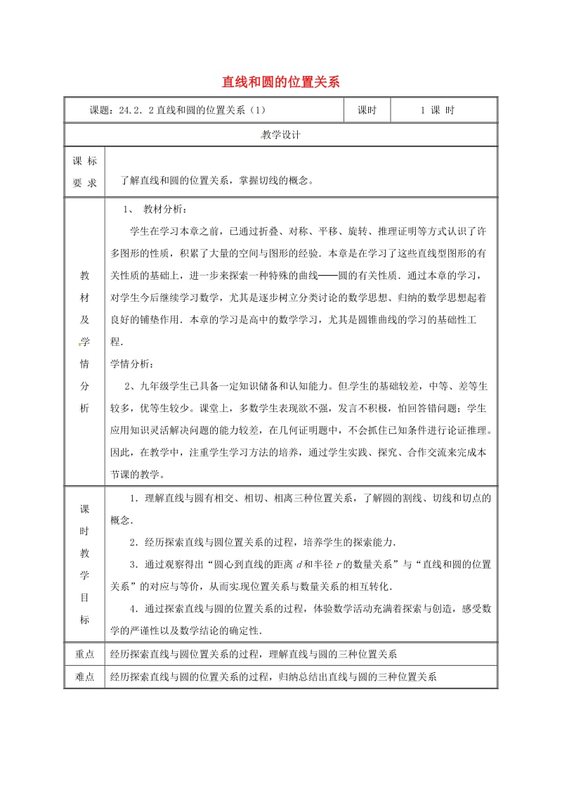 九年级数学上册第二十四章圆24.2点和圆直线和圆的位置关系24.2.2直线和圆的位置关系1教案 新人教版 (2).doc_第1页