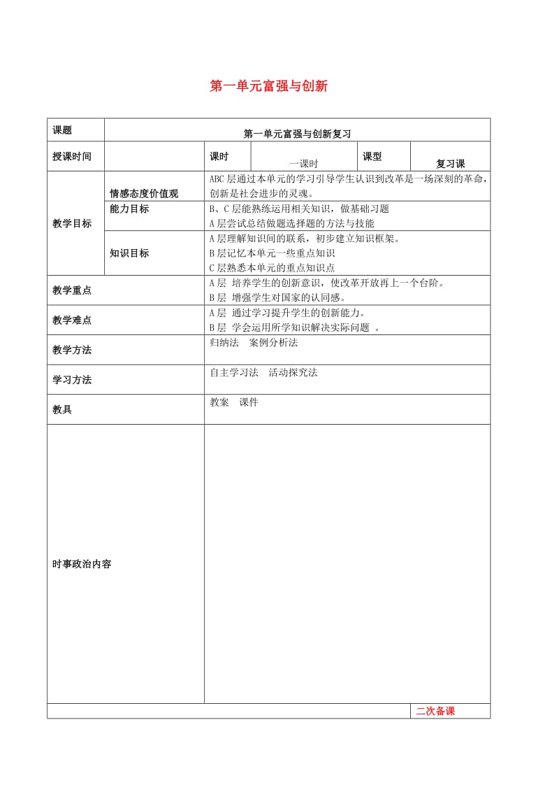 2019年中考道德与法治一轮复习 九上 第一单元 富强与创新教案 新人教版.doc_第1页