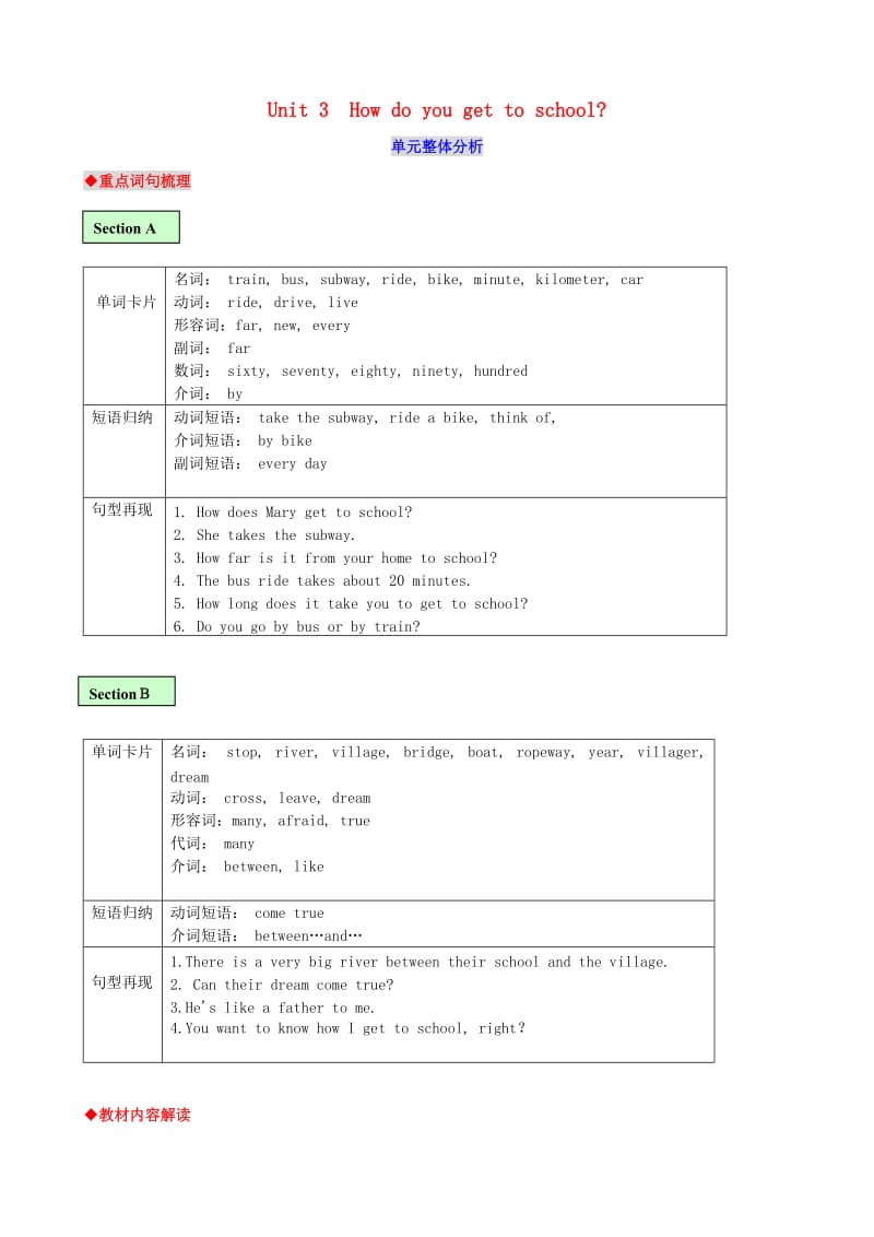 2019年春七年级英语下册 Unit 3 How do you get to school整体分析教案 （新版）人教新目标版.doc_第1页