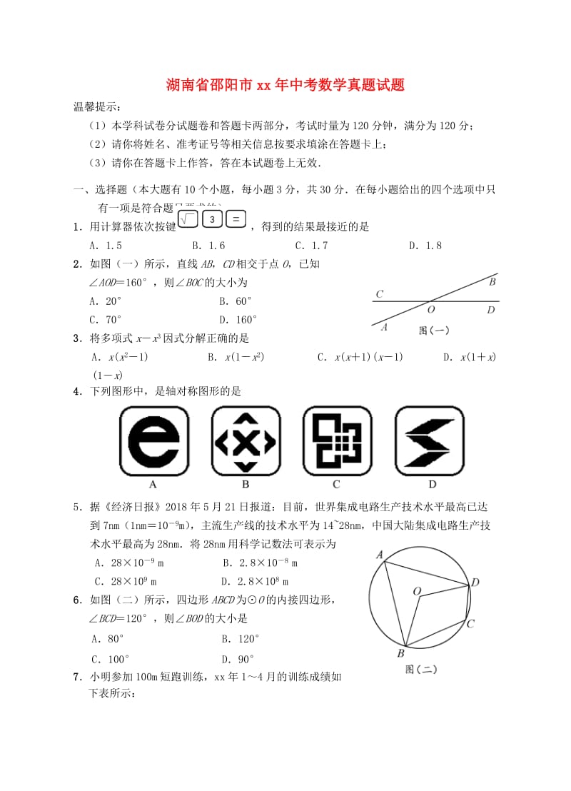 湖南省邵阳市中考数学真题试题（含答案）.doc_第1页