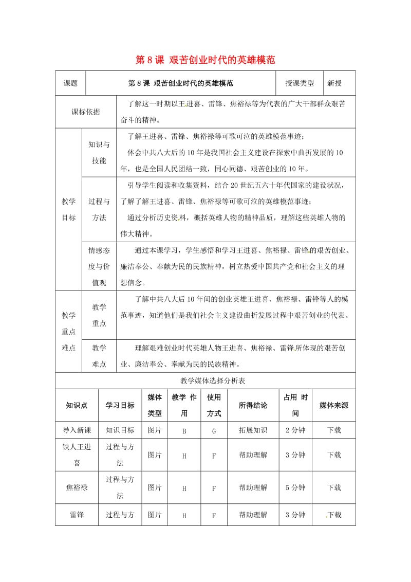 八年级历史下册 第二单元 建设之路的曲折探索 第8课 艰苦创业年代的英雄模范教案1 北师大版.doc_第1页