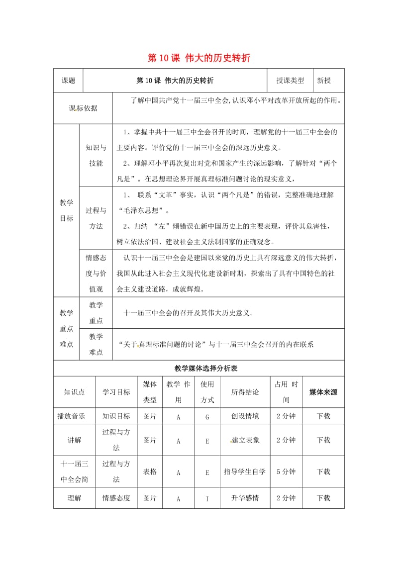 八年级历史下册 第三单元 建设中国特色社会主义 第10课 伟大的历史转折教案2 北师大版.doc_第1页