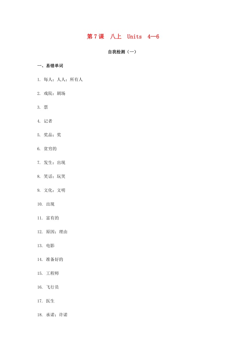 2019届中考英语复习 第一篇 语言基础知识 第7课 八上 Units 4-6自我检测.doc_第1页