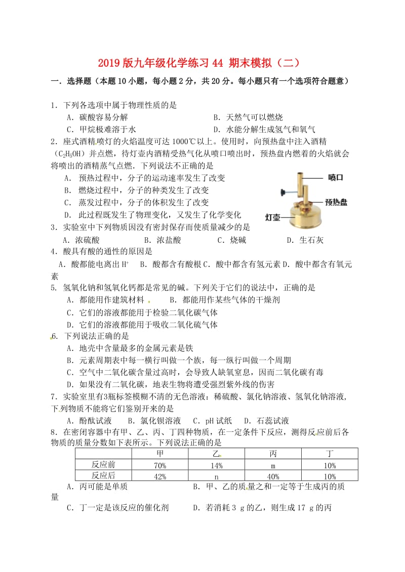 2019版九年级化学练习44 期末模拟（二）.doc_第1页