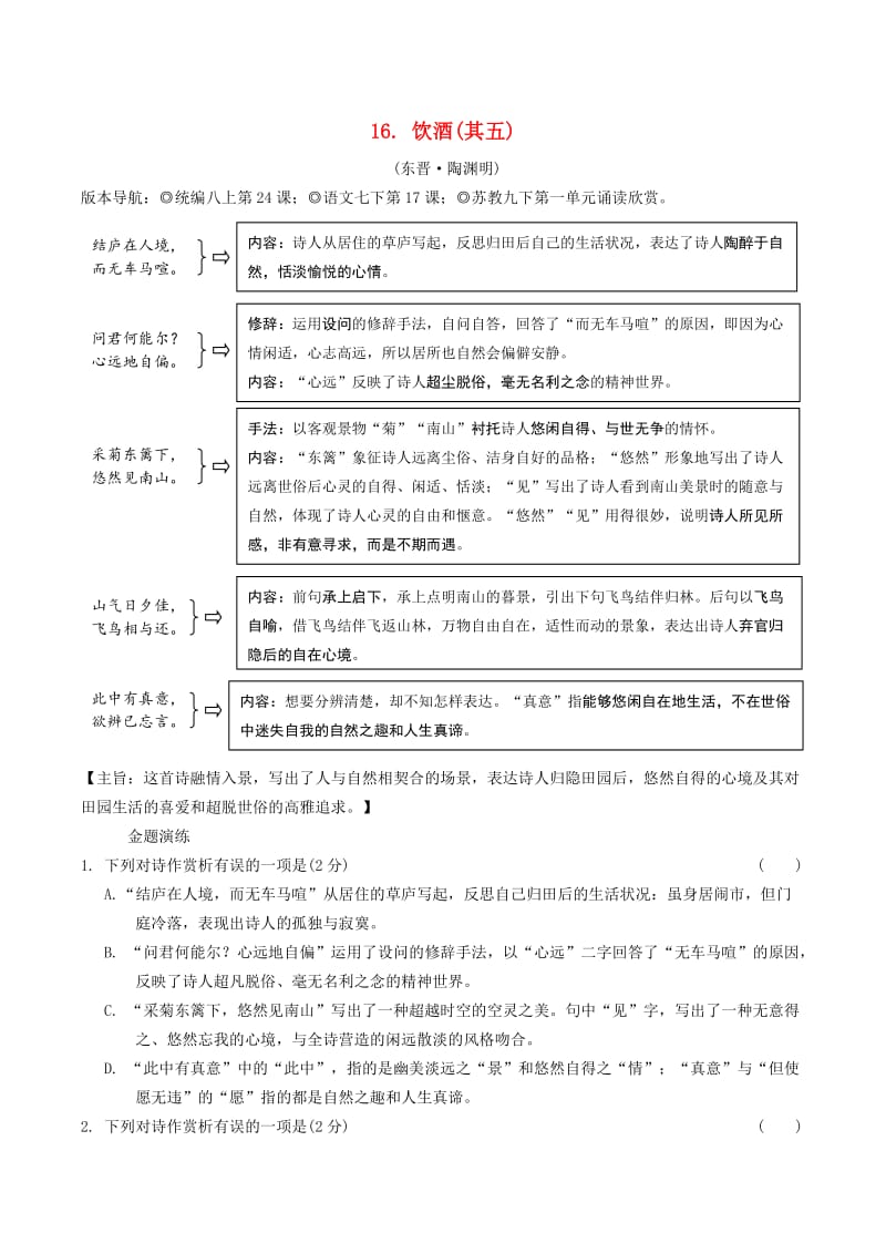 2019年中考语文专题复习精炼古诗词曲鉴赏16饮酒(其五).doc_第1页