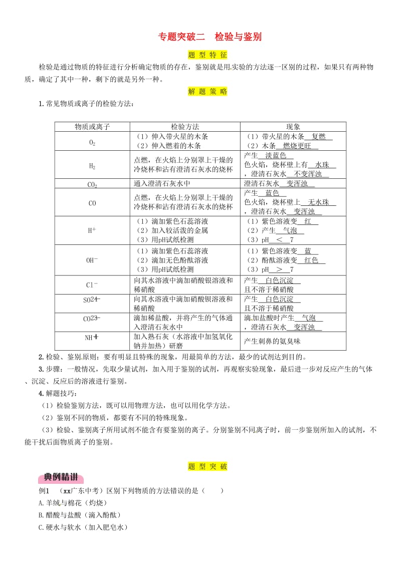 2019届中考化学复习 第2编 重点专题突破篇 专题突破2 检验与鉴别（精讲）练习.doc_第1页