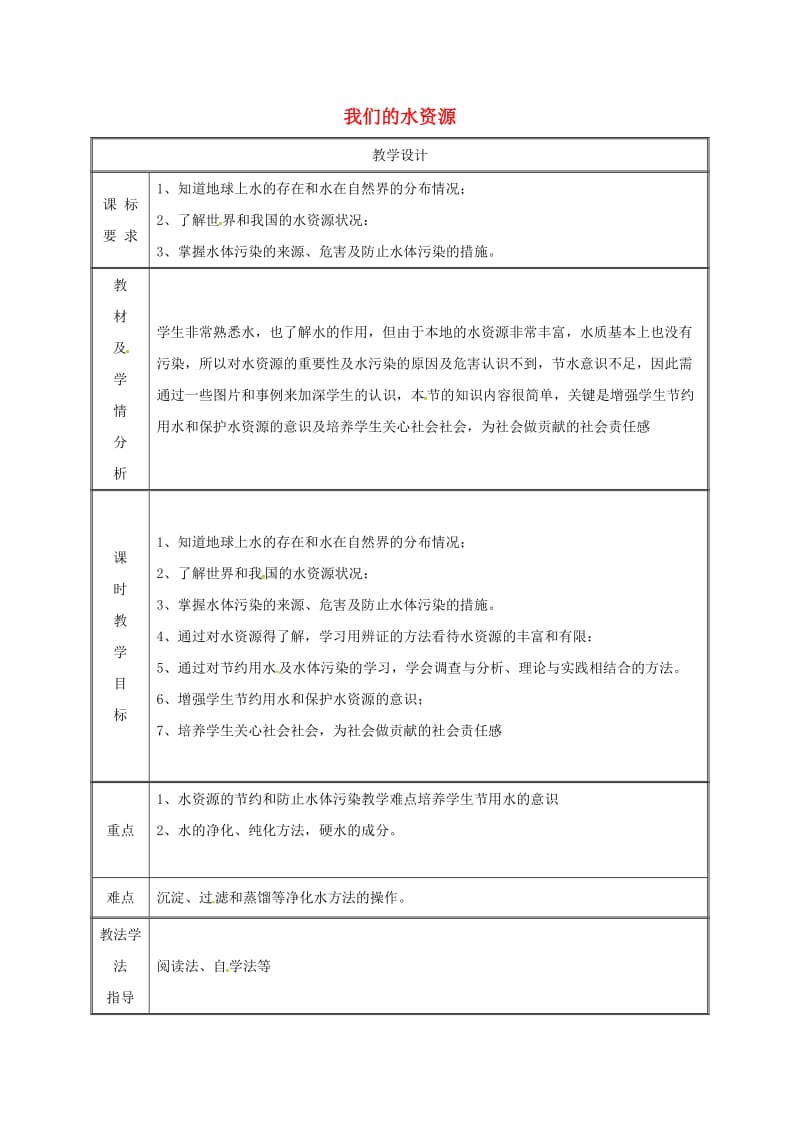 九年级化学上册 第4章 生命之源-水 4.1 我们的水资源（第1课时）教案 粤教版.doc_第1页