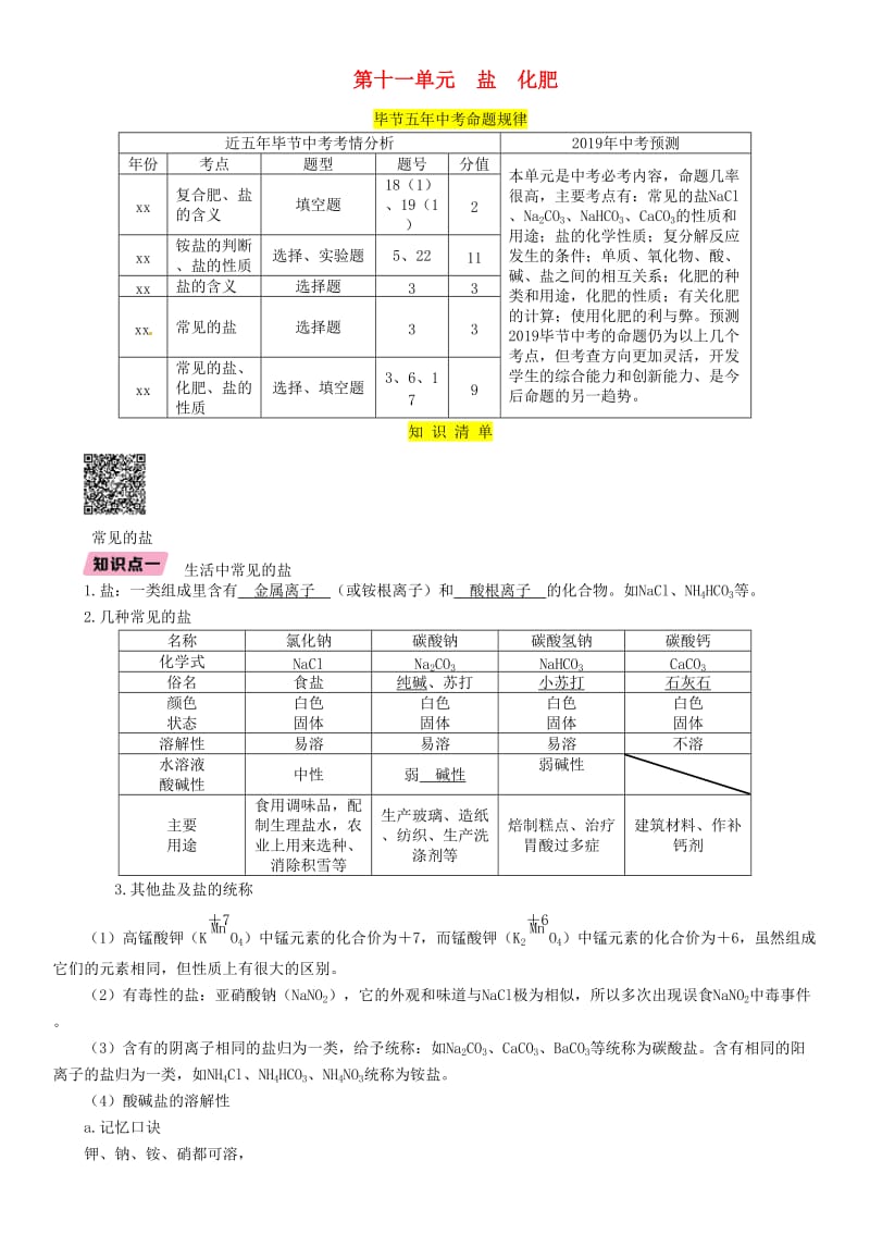 （毕节地区）2019年中考化学总复习 第1编 教材知识梳理篇 第11单元 盐 化肥（精讲）练习.doc_第1页