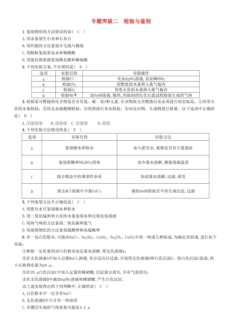 2019届中考化学毕业总复习 第2编 重点专题突破篇 专题突破2 检验与鉴别检测.doc_第1页