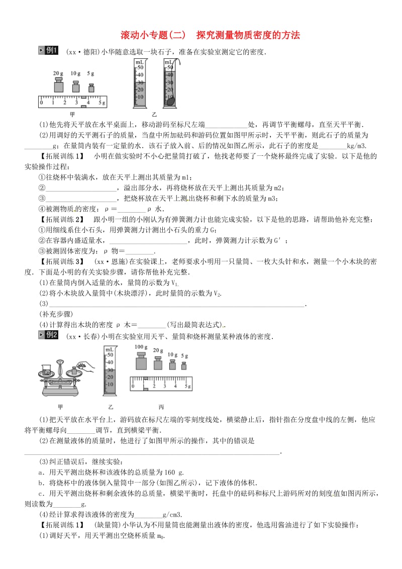 2019年中考物理总复习 小专题（二）探究测量物质密度的方法习题.doc_第1页