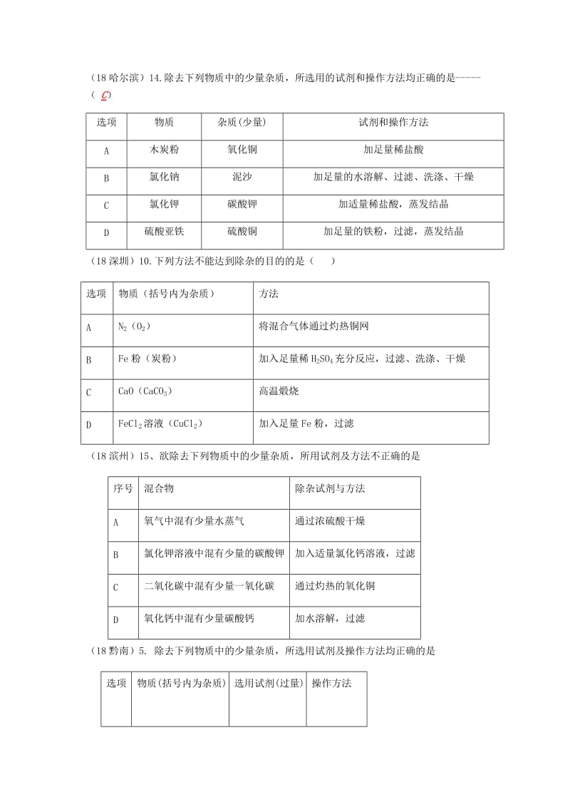 中考化学真题分类汇编 3 化学实验与探究 考点16 常用的化学实验技能 2除杂 2表格试题.doc_第2页