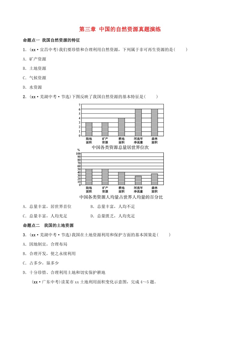 2019年中考地理复习 七上 第三章 中国的自然资源真题演练 鲁教版.doc_第1页