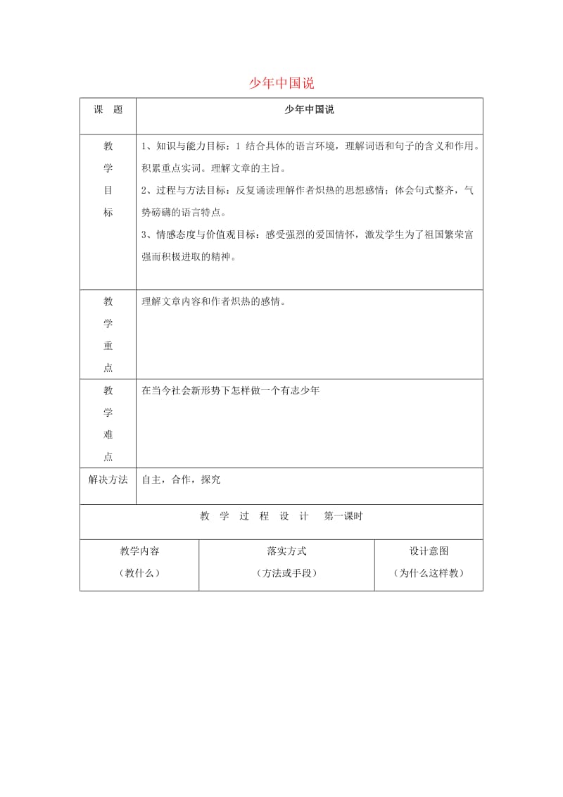 七年级语文下册 第二单元 5《少年中国说》教案1 冀教版.doc_第1页