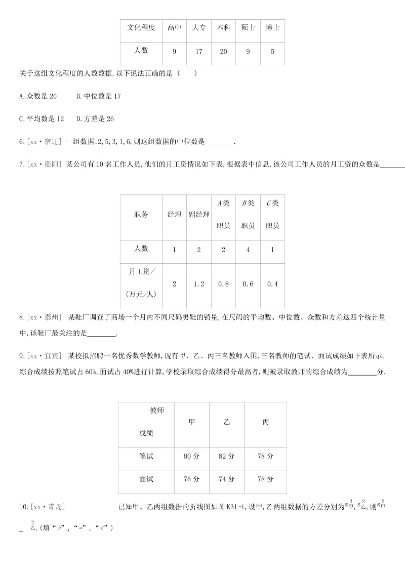 2019年中考数学总复习 第八单元 统计与概率 课时训练31 数据的分析练习 湘教版.doc_第2页