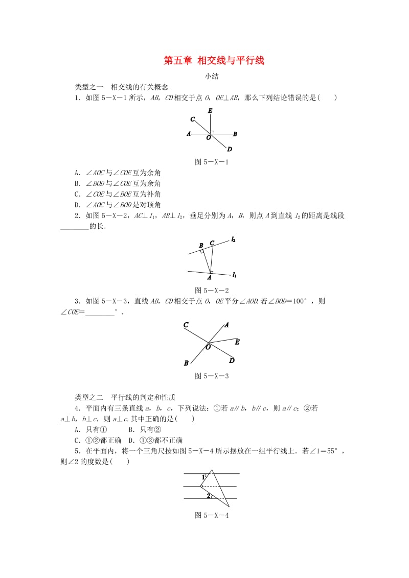 2019年春七年级数学下册 第五章 相交线与平行线小结同步练习 （新版）新人教版.doc_第1页