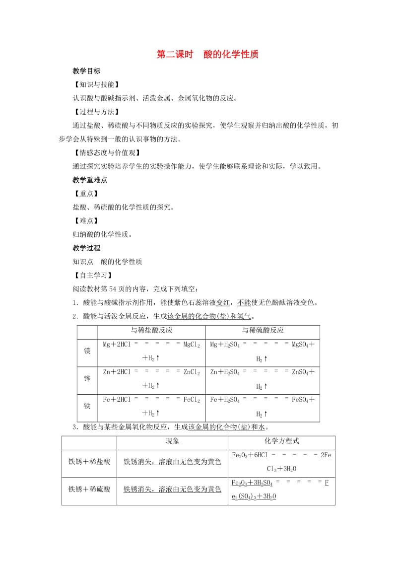 2019届九年级化学下册 第10单元 酸和碱 课题1 常见的酸和碱 第2课时 酸的化学性质教案 （新版）新人教版.doc_第1页