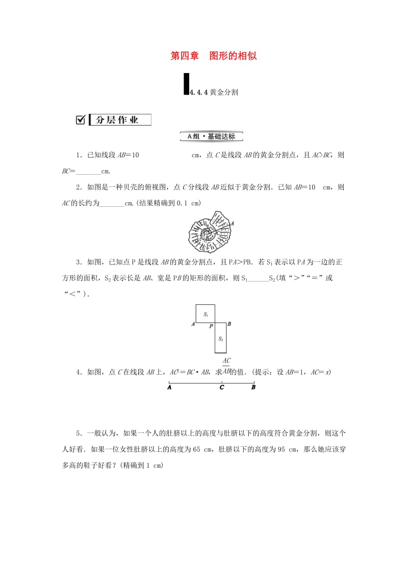 2019届九年级数学上册 第四章 图形的相似 4 探索三角形相似的条件 第4课时 黄金分割练习 （新版）北师大版.doc_第1页