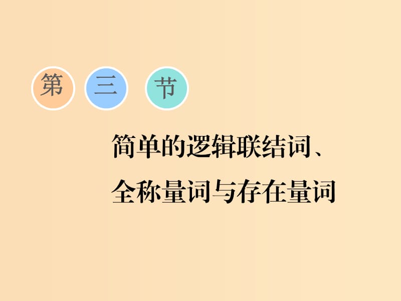 （江蘇專版）2020版高考數(shù)學(xué)一輪復(fù)習(xí) 第一章 集合與常用邏輯用語 第三節(jié) 簡單的邏輯聯(lián)結(jié)詞、全稱量詞與存在量詞課件 理.ppt_第1頁