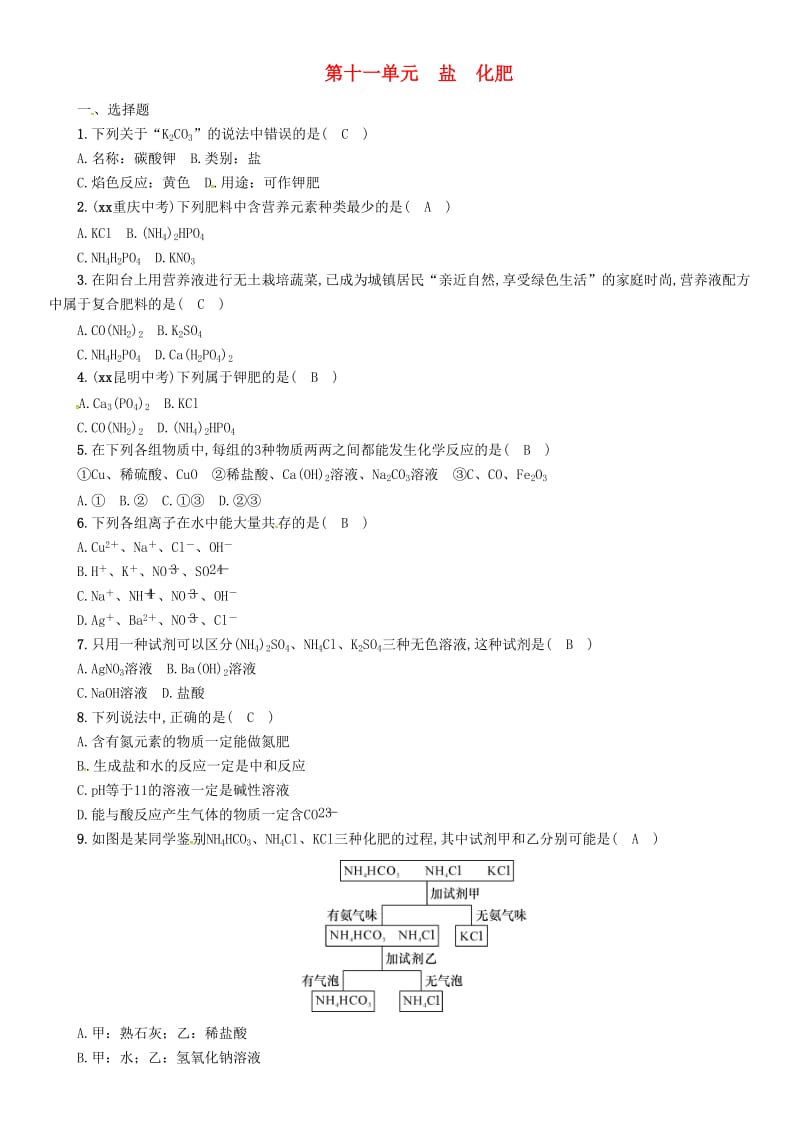 2019届中考化学复习 第1编 教材知识梳理篇 第11单元 盐 化肥（精练）练习.doc_第1页