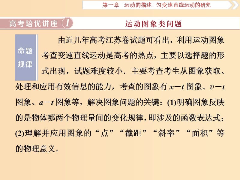 （江蘇專用）2020版高考物理大一輪復(fù)習(xí) 第一章 運動的描述 勻變速直線運動的研究 高考培優(yōu)講座1 運動圖象類問題課件.ppt_第1頁