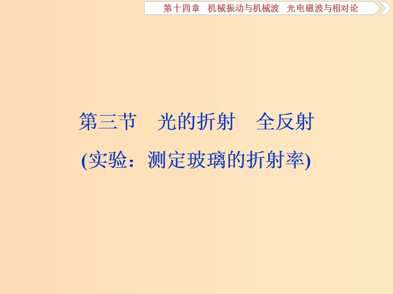 （江蘇專用）2020版高考物理大一輪復習 第十四章 機械振動與機械波 光電磁波與相對論 第三節(jié) 光的折射 全反射（實驗：測定玻璃的折射率）課件.ppt_第1頁