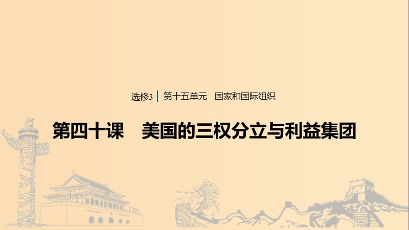 （浙江專用版）2020版高考政治大一輪復(fù)習(xí) 第十五單元 國(guó)家和國(guó)際組織 第四十課 美國(guó)的三權(quán)分立與利益集團(tuán)課件.ppt_第1頁(yè)