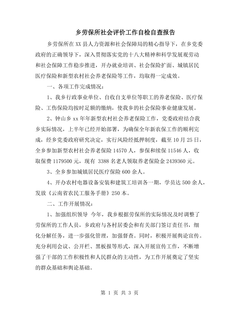 乡劳保所社会评价工作自检自查报告.doc_第1页