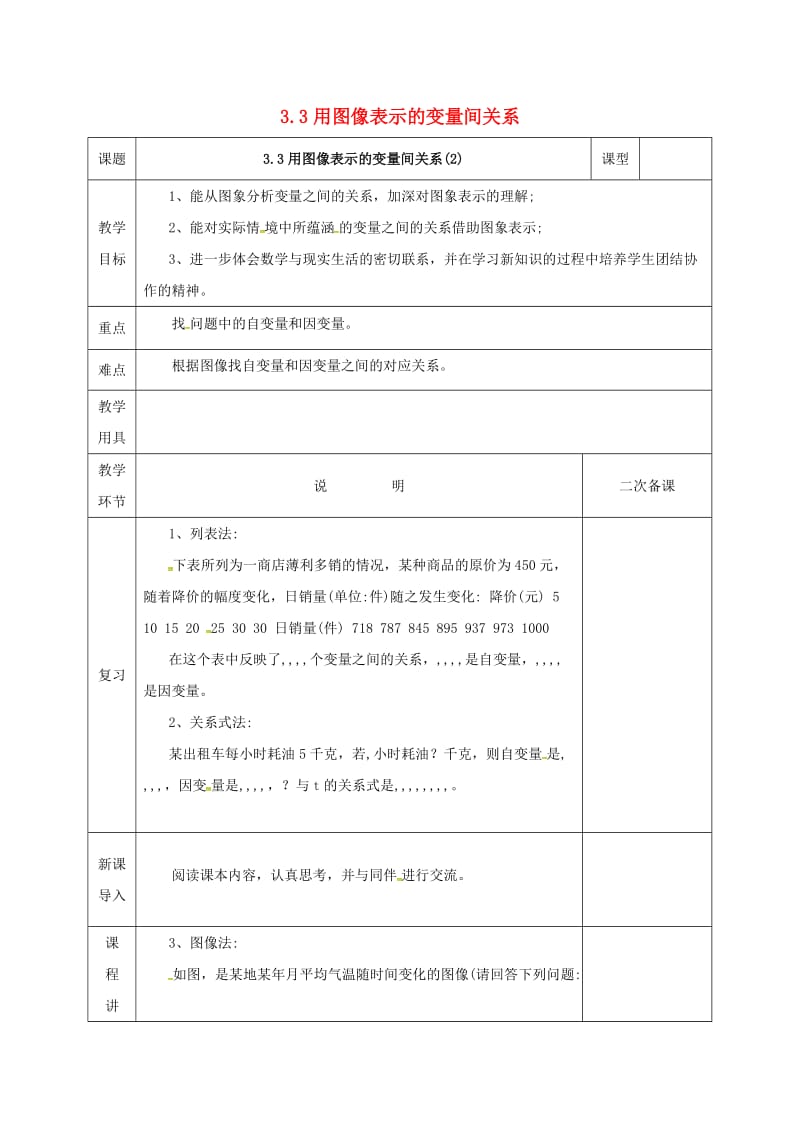 七年级数学下册 第三章 变量之间的关系 3.3.2 用图象表示变量间的关系教案 北师大版.doc_第1页