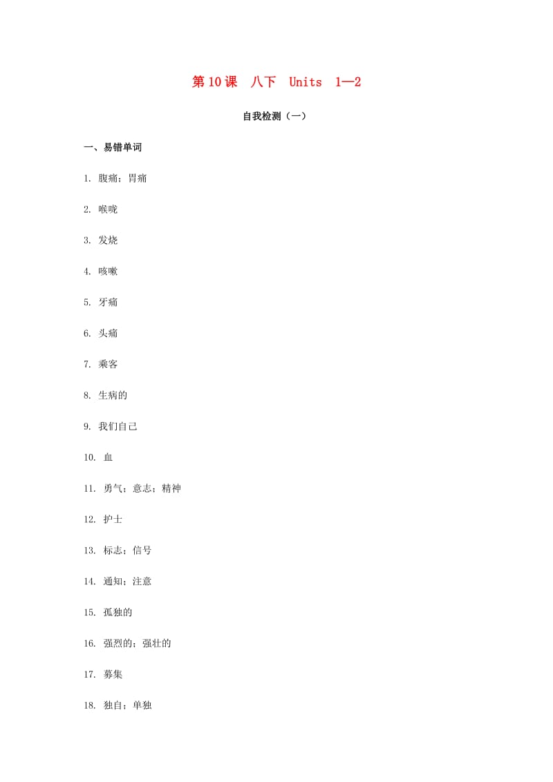 2019届中考英语复习 第一篇 语言基础知识 第10课 八下 Units 1-2自我检测.doc_第1页