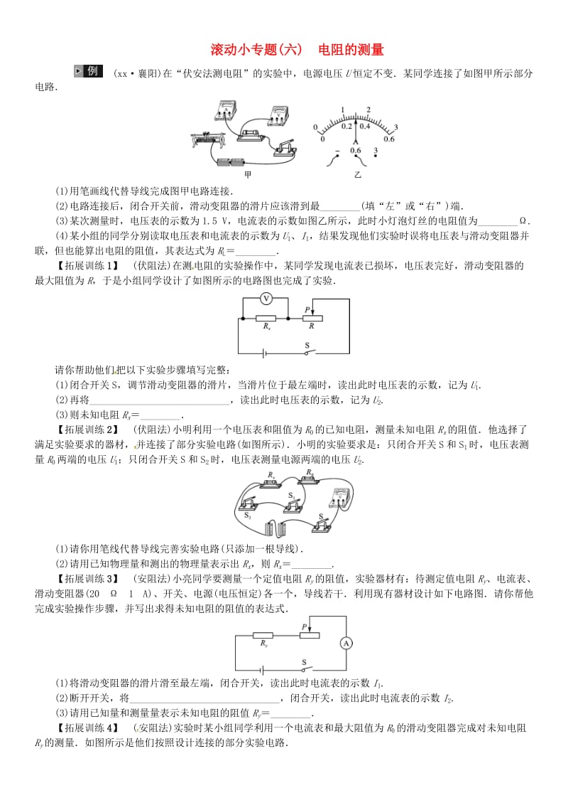 2019年中考物理總復習 小專題（六）電阻的測量習題.doc