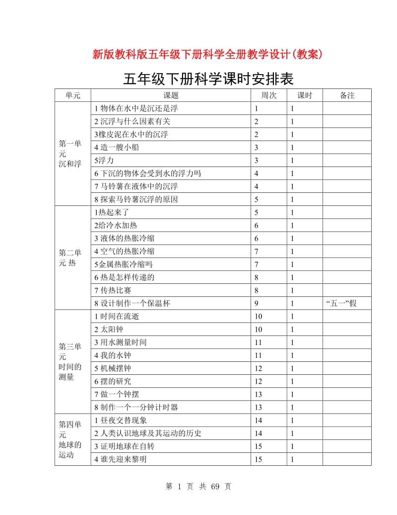 新版教科版五年级下册科学全册教学设计(教案).doc_第1页