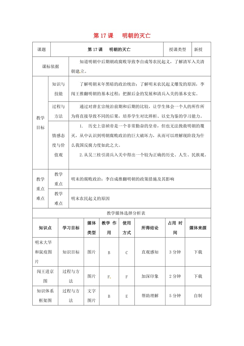 七年级历史下册 第三单元 明清时期：统一多民族国家的巩固与发展 第17课 明朝的灭亡教案2 新人教版.doc_第1页