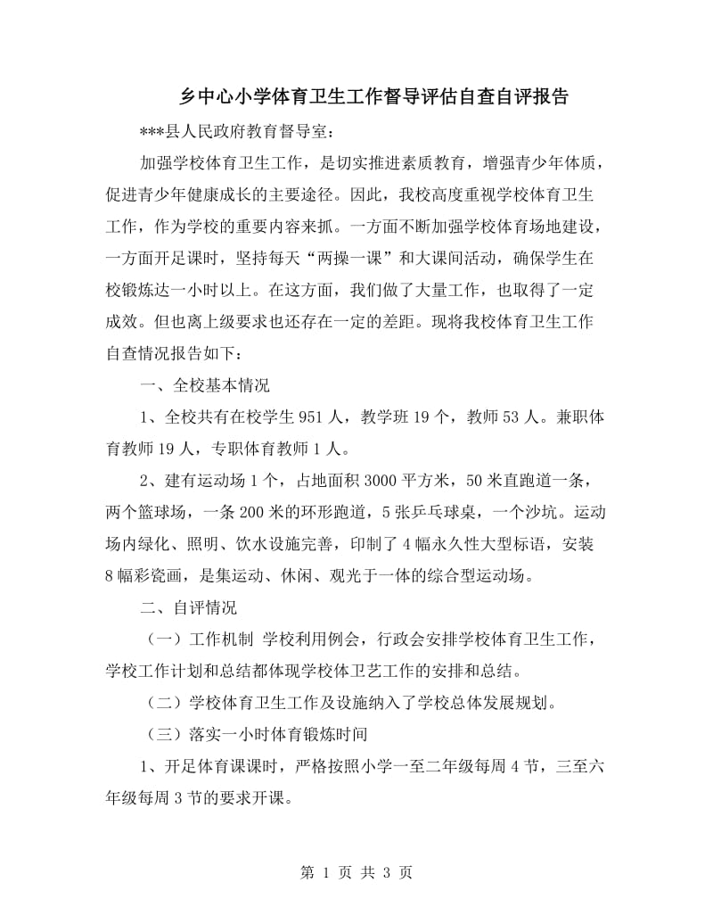 乡中心小学体育卫生工作督导评估自查自评报告.doc_第1页