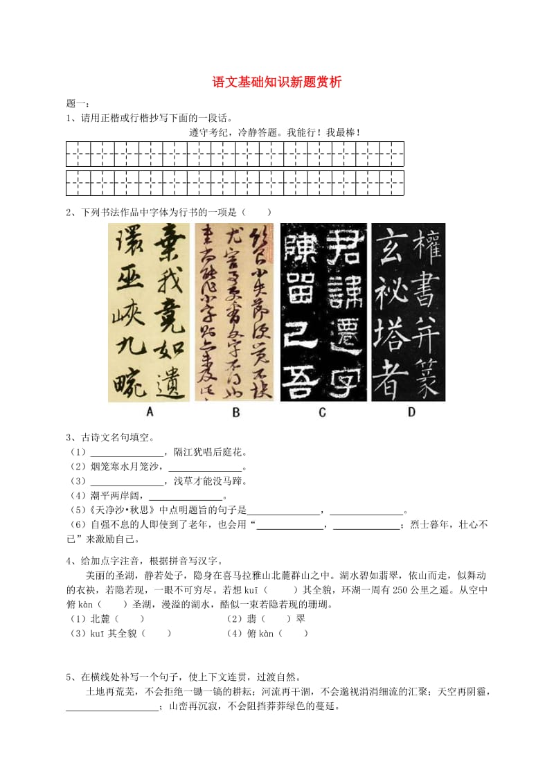 2019年中考语文专题复习 基础知识新题赏析练习.doc_第1页