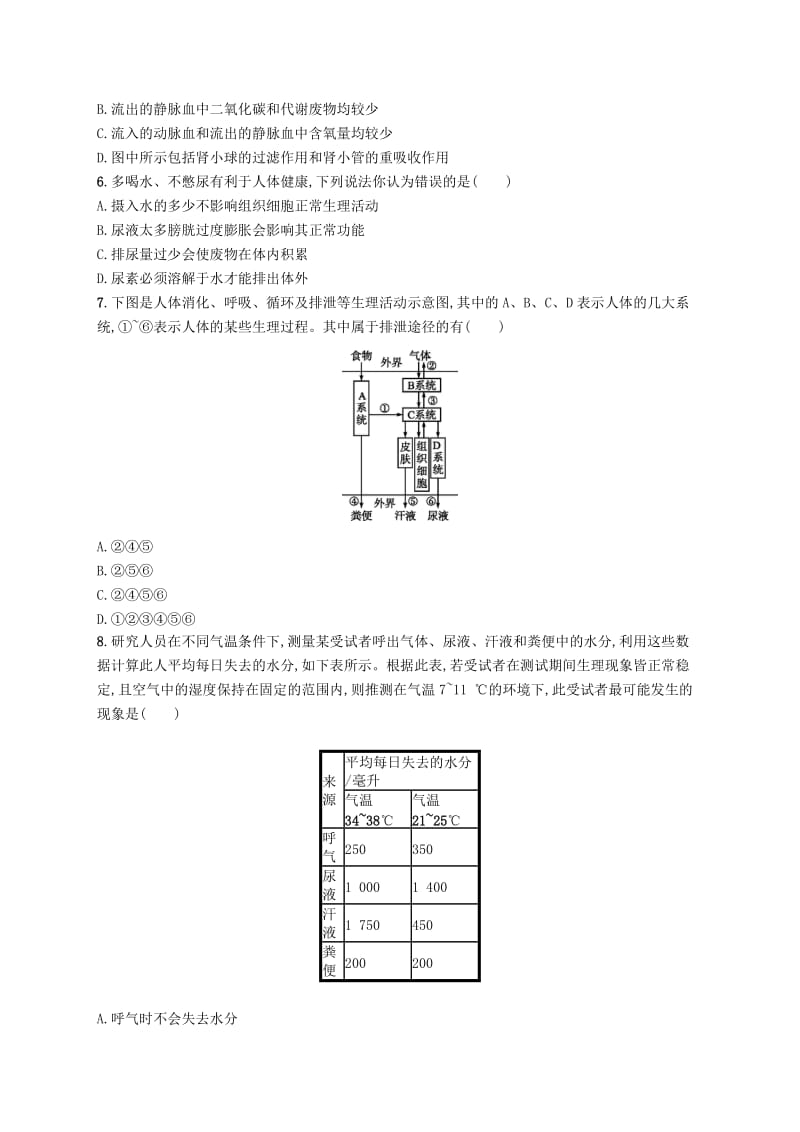 2019年春七年级生物下册 第五章 人体内废物的排出知能演练提升 （新版）新人教版.doc_第2页